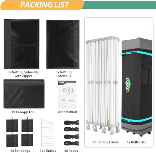 COBIZI 10x30 Pop Up Canopy with Sidewalls, Heavy Duty Canopy with Mosquito Netting, Easy up Screen Party Tents for Parties Backyard Outdoor Commercial Event Gazebo with Roller Bag, Sandbags, Black - color: Black, size: 10x30ft(standard)