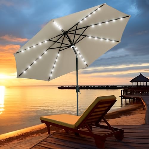 GDY 10Ft Patio Umbrella, Table Umbrella with 40 LED Lights, Outdoor Umbrellas for Patio, with Tilt and Crank, Center Light, for Garden, Deck, Backyard, Pool, and Beach. - color: Khaki