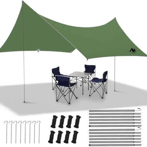 AYAMAYA Camping Tarp with Poles Heavy Duty, 10 x 10 FT Extra Large Waterproof Tarp Tent Awning, Hammock Rain Fly Sun Shelter for Camping, Beach, Picnic, Outdoor Activities