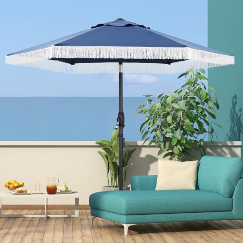 GDY 7.5FT Tassel Patio Umbrella Outdoor Table Umbrella,Market Umbrella with 6 Sturdy Ribs, with Push Button Tilt and Crank for Garden, Lawn, Deck, Backyard & Pool (Dark Blue) - color: Dark Blue, size: Umbrella Only