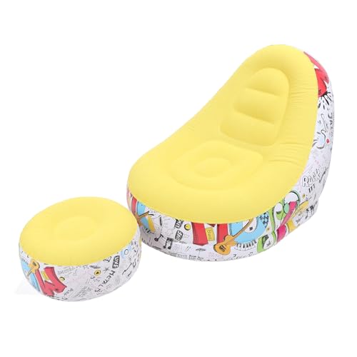 Pomya Foldable Air Lounger Chair with Foot Stool | Inflatable Sofa Bed for Beach, Camping, Outdoor - Flocking Fabric Design (Yellow) - color: Yellow