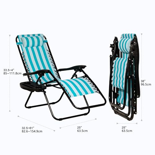 Nazhura Set of 2 Relaxing Recliners Patio Chairs Adjustable Steel Mesh Zero Gravity Lounge Chair Beach Chairs with Pillow and Cup Holder (Light Blue Stripe) - color: Light Blue Stripe