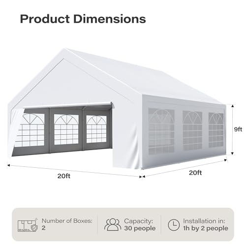 LAUSAINT HOME 20x20 Party Tent, Heavy Duty Waterproof Canopy with Removable Sidewalls & Roll-Up Door, Large White Event Shelter with Steel Frame for Wedding, Backyard, BBQ, Camping, for 25–50 People - size: 20x20