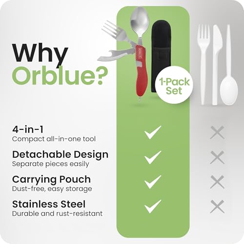 Orblue 4-in-1 Camping Utensils, 1-Pack, Portable Stainless Steel Spoon, Fork, Knife & Bottle Opener Combo Set - Travel, Backpacking Cutlery Multitool, Red - color: 1-PACK Live Red