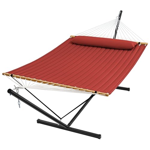 SUPERJARE Hammock with Stand, 2 Person Quilted Outdoor Hammock, Detachable Pillow & Bamboo Spreaders, Portable Hammock with Carrying Bag, Heavy Duty Stand, Perfect for Outside, Patio, Burgundy - color: Burgundy, size: 55.1"W × 74.8''D × 43.3''H