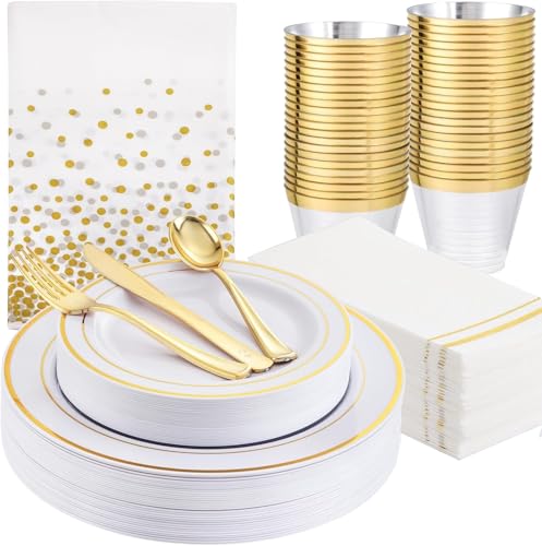 GATHER 176 Pieces Gold Dinnerware Disposable - White and Gold Plastic Plates Includes 50 Plates, 25 Plastic Silverware, 25 Napkins, 25 Cups and 1 Tablecloth for Wedding Party - color: Gold, size: 25 Guests