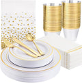 GATHER 176 Pieces Gold Dinnerware Disposable - White and Gold Plastic Plates Includes 50 Plates, 25 Plastic Silverware, 25 Napkins, 25 Cups and 1 Tablecloth for Wedding Party - color: Gold, size: 25 Guests