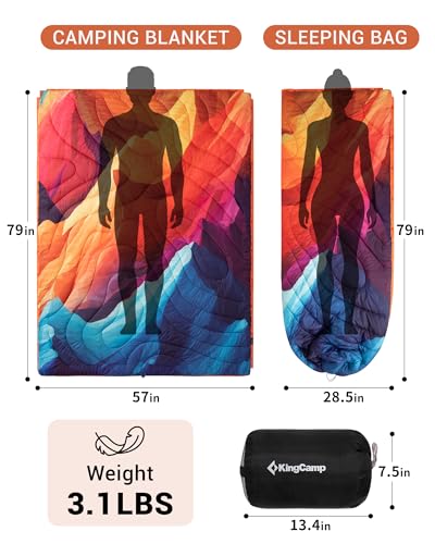 KingCamp Large Camping Blanket with Sherpa Lining, Packable Down Alternative Puffy Printed Wearable Blanket with Snap Buttons, Warm Weatherproof Quilt for Outdoor Travel (79" L x 57" W, Peak) - color: Sherpa-peak, size: 79" x 57"- Sherpa Fleece