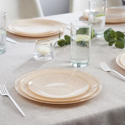 PLASTICPRO 32 Pack Elegant Disposable Plastic Plates Combo Set Includes 16 Dinner Plates and 16 Salad Plate Heavy Duty Fancy Party Plates Pink Granite Plate with Gold rim - color: Granite Collection Pink With Gold Rim