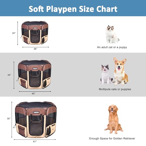 JESPET 61" Pet Dog Playpens, Portable Soft Dog Exercise Pen Kennel with Carry Bag for Puppy Cats Kittens Rabbits, Brown - color: Brown, style: 61x61x30 Inch (Pack of 1)