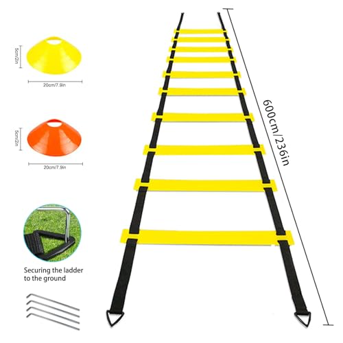 Agility Training Set for Soccer & Football - 20FT Speed Ladder, 12 Cones, and Training Aids for Kids Youth Sports Practice, Footwork Drill Kit - color: Yellow