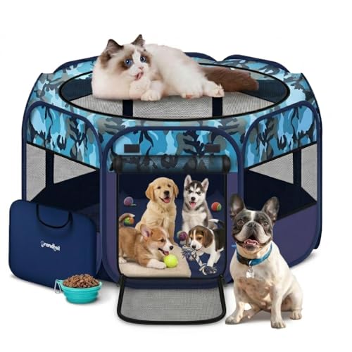 48" Large Pop Up Dog Playpen & Whelping Box for Dogs, Portable Foldable Puppy Playpen with Waterproof Bottom, Pet Tent Exercise Pen for Camping/Indoor, Includes Bowl & Carry Bag