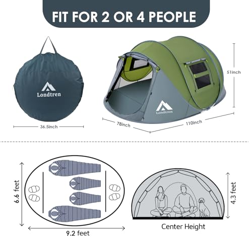 4 Person Easy Pop Up Tent Waterproof Automatic Setup 2 Doors-Instant Family Tents for Camping Hiking & Traveling - color: Green & Grey