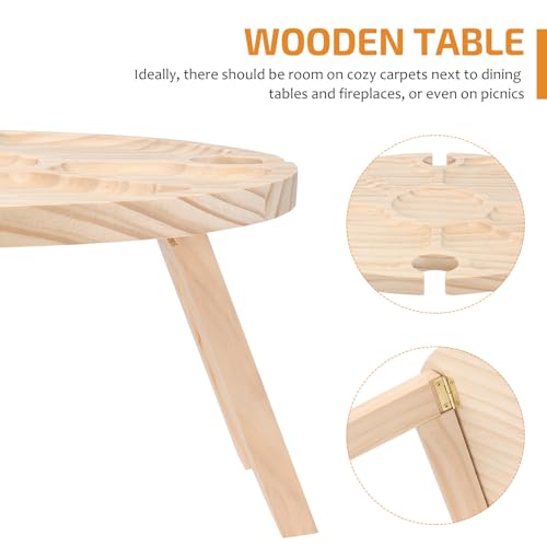 Beaupretty Portable Wooden Picnic Table with Wine Holder for Outdoor Camping and Parties, Foldable Round Wood Snack Table for Patio, Lawn, and Garden Use