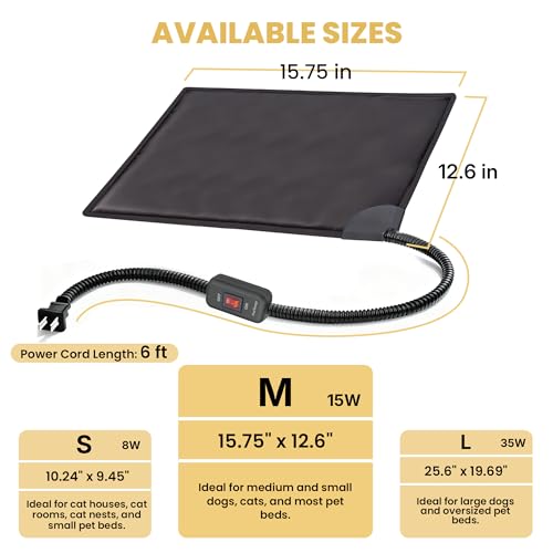 Cat Bed Warmer 15.5 x 12.5 in, Indoor Heated Pad Insert for Cats, Kittens & Small Dogs, Turns Any Pet Bed Into a Cozy Waterproof Heating Mat, Safe Thermostat & Chew-Resistant Cord - size: M: 15.5" x 12.5''