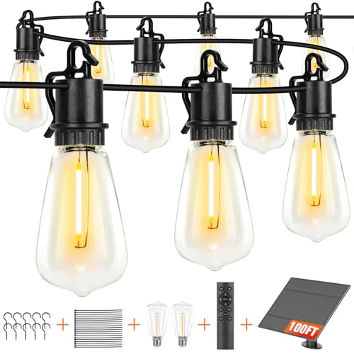 Solar String Lights Outdoor Waterproof 100ft with 52 Shatterproof,Solar Lights Outdoor Remote ST38 Vintage Edison Bulbs,Salor Ourdoor Light Hanging Lights Waterproof for Outside Backyard