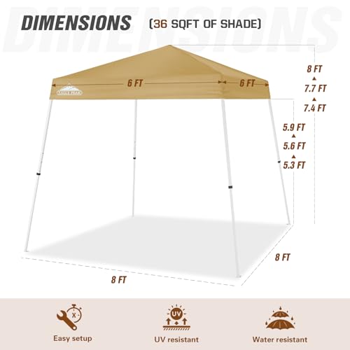 EAGLE PEAK 8x8 Slant Leg Pop-up Canopy Tent Easy One Person Setup Instant Outdoor Beach Canopy Folding Portable Sports Shelter 8x8 Base 6x6 Top (Beige) - color: Beige, size: 8x8