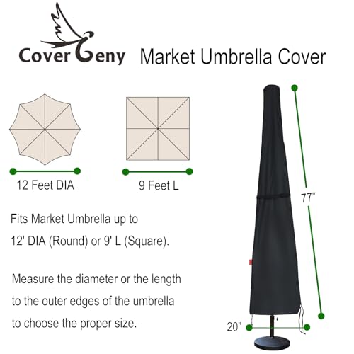 Patio Umbrella Cover Fits Up to 12ft Market Umbrella, Waterproof 600D Heavy Duty Umbrella Covers with Extended Support Pole and Zipper for Easy On Off, Outdoor Parasol Covers with Storage Bag. - size: Fits Market Umbrella Up to 12 Feet DIA