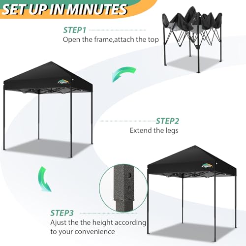 COBIZI 6.6x6.6ft Pop Up Canopy Tent, Heavy Duty Canopy Easy Set up All Weather Waterproof Outdoor Canopy Tent for Parties, Beach, Garden, Camping with 1 Handbag, 3 Adjustable Heights, UPF50+, Black - color: Black, size: 6.6x6.6 Without Sidewalls