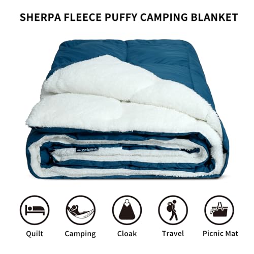 zzlamb Outdoor Camping Blanket with Sherpa Lining,Puffy Thick Camp Quilt for Sleeping,Packable Warm Wearable Fleece Blankets for Cold Weather,Traveling,Backpacking,Picnics,Beach,Stadium 52x75in - color: Royal Blue
