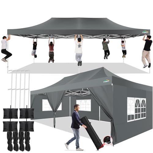 COBIZI 13x26 Pop up Canopy Tent 13x26 Canopy with 6 Sidewalls Waterproof Heavy Duty Commercial Canopy Tent for Parties Outdoor Garden Gazebo, Carry Bag with Wheel(13x26ft, Gray) - color: Gray, size: 13X26FT 6 Sidewalls