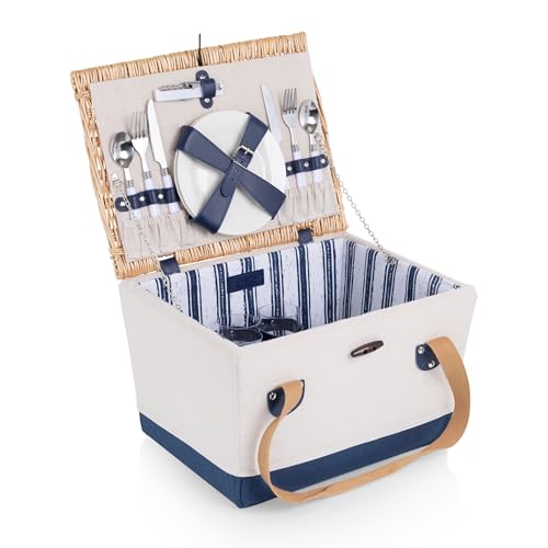 Picnic TIME Boardwalk Picnic Basket, Romantic Vintage English-Style Wooden Basket, Complete Deluxe Service for Four with Durable Canvas and Handwoven Lid - color: Beige Canvas With Navy Blue Accents for 2