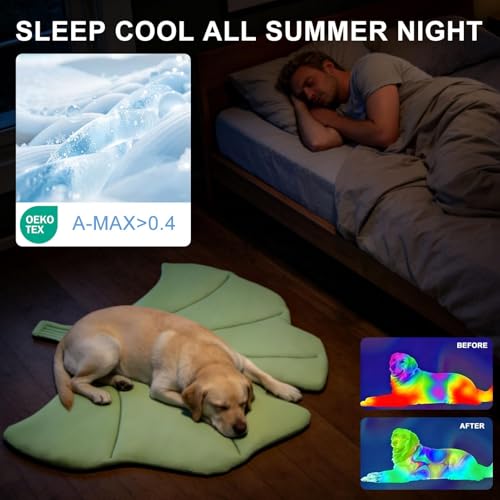 BEAUTYZOO Cooling Mat for Dogs & Cats, Dog Cooling Mat Q-Max>0.4, Double-Sided Pet Cool Pads for Summer, Crate, Kennel, Waterproof Outdoor Cooling Bed, Non-Gel Washable Chill Mats 43"x39" Leaf Shaped - color: Green Ginkgo Leaf, size: Large