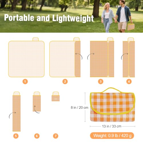 JEPELUS Outdoor Picnic Blanket Waterproof, 79 x 79 Inch Large Picnic Mat Oxford Fabric, Gingham Foldable Beach Blankets Mats for Camping Park Grass Lawn Hiking Family Concerts (Yellow)