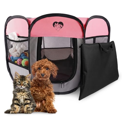 Foldable Puppy Playpen Indoor & Outdoor,Portable Small Dog & Kitten Playpen with Breathable Mesh,Easy Setup Pet Pen with Zipper Door & Carry Bag,Pop Up Puppy Playpen,Pink M - size: M