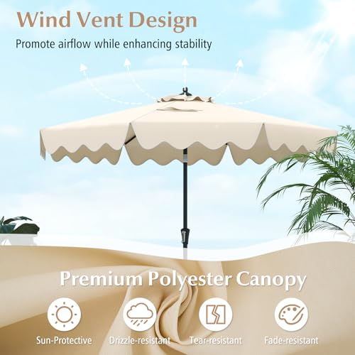 Tangkula 9Ft Patio Umbrella with Crank, 2-Tier Outdoor Umbrella with Push Button Tilt, Sun-Protective Canopy, 8 Ribs, Scalloped Patio Umbrella for Outdoor Beach Deck Pool Table (Beige) - color: Beige, size: 9Ft