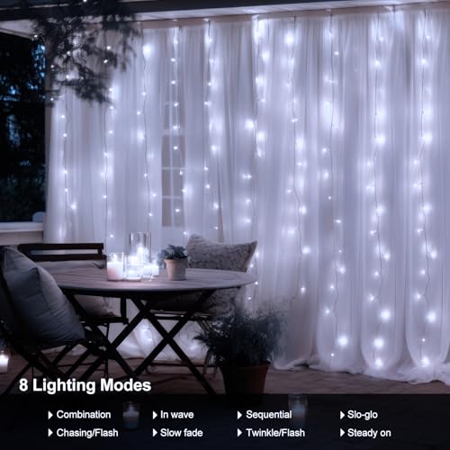 echosari Curtain Lights Battery Operated, 9.8Ft x 9.8ft 300 LED Curtain String Light with Remote Timer 8 Modes Hanging Lights for Wedding Party Home Garden Wall Decor (Cool White) - color: Cool White, size: 9.8Ft x 9.8Ft