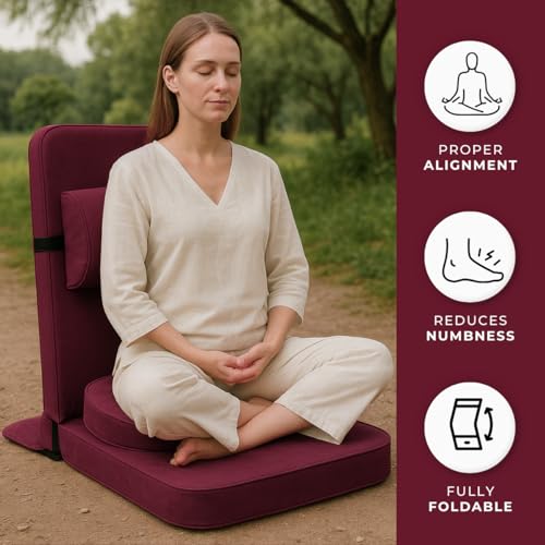Friends of Meditation Relaxing Buddha Meditation Chair | Detachable Rectangular Back Support & Zafu Cushion | Portable Folding Chair | Floor Chair with Back Support | Yoga Chairs for Adults | Maroon - color: Maroon
