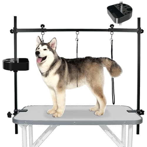 LEIBOU H-Shape Pet Grooming Table Arm with Grooming Hammock Tool Holder Noose and Clamp for Dogs and Cats Heavy Duty Aluminum Alloy Frame with 35.4” Adjustable Height and 36.2” ~ 50” Adjustable Width