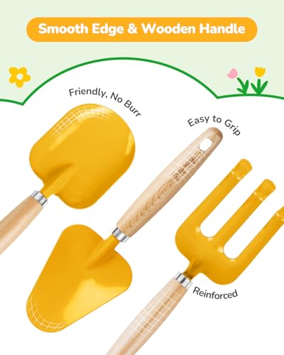 Grenebo Kids Gardening Set Toys,Includes Metal Trowel,Transplanting Shovel,Garden hat,Rake,Apron,Gloves,Watering Can,and Tool Organizer Bag (Yellow) - color: E-yellow