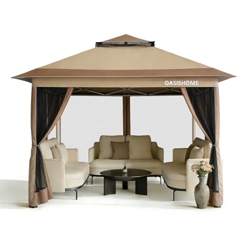 OASISHOME Pop-up Gazebo Portable Instant Canopy Tent 12x12, One-Push Locking System, with 4 Mesh Sidewall, Wheeled Bag, for Patio/Backyard/Outdoor/Parties/Events (Khaki,12FTx12FT) - color: Khaki(1 setup), size: 12X12 Top (10X10 Base)