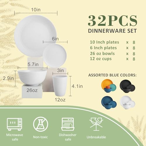 Wrova 32-piece Kitchen Alternative Plastic Wheat Straw Dinnerware Sets,Unbreakbale Dishwasher Safe Kitchen Bowls and Plates Sets with Cups,Modern Apartment Essential Dishes Set for 8.White Series - color: White, size: 32 Pack