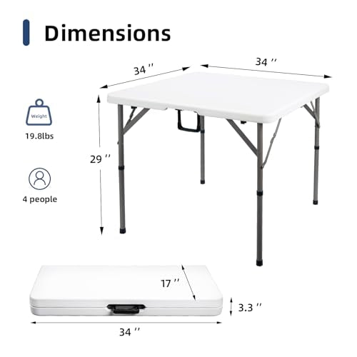 Byliable 34" Square Folding Card Table, Fold-in-Half Utility Dining Portable Table Heavy Duty HDPE White Plastic Foldable with Carrying Handle Indoor Outdoor for Picnic, Camping, Party - color: White