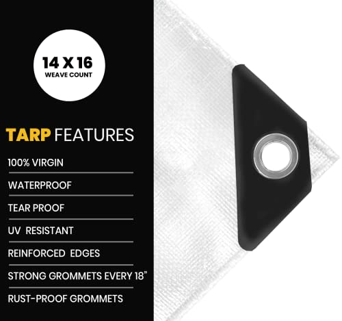 Extra Heavy Duty 16 Mil Tarp Cover, Waterproof, UV Resistant, Rip and Tear Proof, Poly Tarpaulin with Reinforced Edges for Roof, Camping, Patio, Pool, Boat. (White 8′ X 10′) - color: White-16 Mil, size: 8′ X 10′