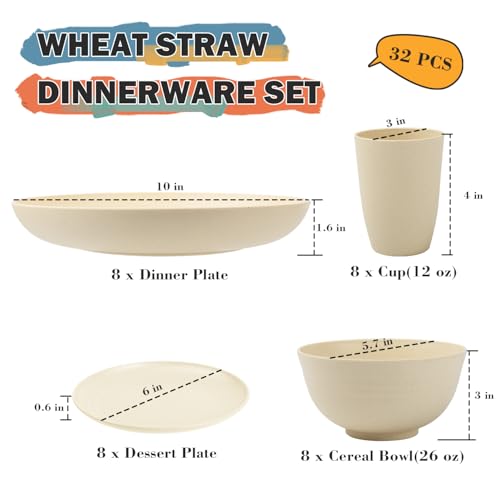 Wheat Straw Dinnerware Sets for 8, 32 PCS Unbreakable Plates and Bowls Sets, Kitchen Dish Set - Dinner Plate/Dessert Plate/Cereal Bowl/Cup, for Outdoor Camping RV Apartment Essentials - Beige - color: Beige, size: 32 PCS