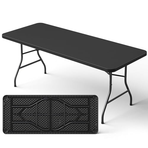 6ft Folding Table, Heavy Duty Plastic Card Table with Foldable Steel Legs, Metal Frame Support up to 600 lb, Portable for Indoor, Outdoor, Picnic, Camping, Dining, Party, Black - color: Black, size: 6FT