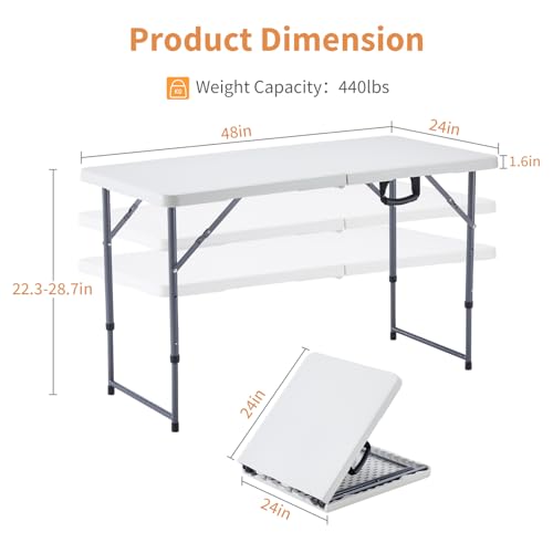 BOOSDEN 4 Foot Folding Table, Portable Rectangle Card Table, Indoor Outdoor Plastic Fold-in-Half Utility Table with Carrying Handle, Adjustable Height Foldable Tables for Picnic,Party,Camping,Office - color: 122 X 60cm Rectangular