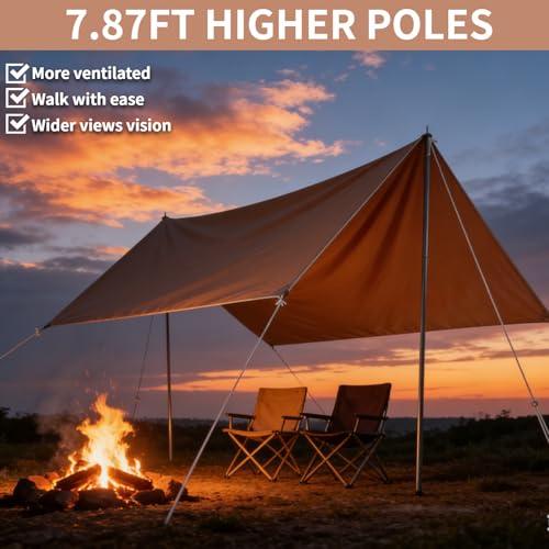 DANCHEL OUTDOOR Waterproof Bell Tent Awning, 4 Season Camping Tarp – Portable Canopy Cover with Poles, Lightweight Glamping Accessories, Rectangle - color: Brown, size: 9.8x13.2ft Awning with 7.87ft Poles