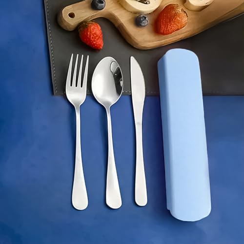 Portable Utensils Set,3-Piece Reusable Silverware,Travel Utensils with Case for Lunch Camping Picnic(Blue) - color: Blue