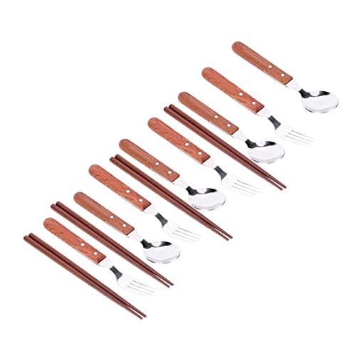 12 Pcs Stainless Steel Wooden Handle Tableware Set, Camping Cutlery for 4 Persons, Includes Forks Spoons Chopsticks with Carrying Bag for Picnic Barbecue Outdoor Use