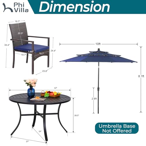 PHI VILLA 5 Pieces Outdoor Dining Set with Umbrella for 4, Round Metal Iron Dining Table & Wicker Chairs with Cushions & Large Blue Umbrella, Morden Dining Furniture for Patio, Deck, Yard, Porch - color: Navy Blue, size: 5PCS 42" Round Table