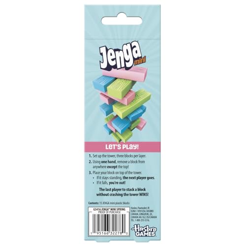 Jenga Mini Spring, Tiny Towers Stacking Block Game, Colorful Pink Blue Green Blocks, Ages 6+