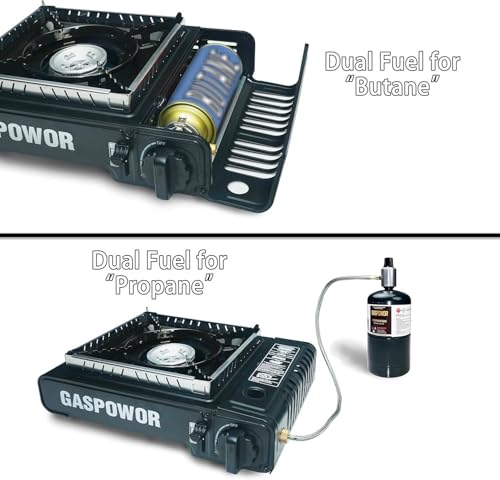 Propane or Butane Stove with Windblocker, Dual Fuel 10,000 BTU Portable Gas stove for Camping, Automatic Ignition Gas Stove with Adapter Hose Carrying Case & Griddle for Hiking (Fuel Not Included) - color: Classic Black