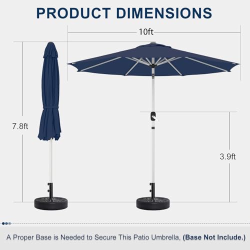 10FT Aluminum Outdoor Patio Umbrella, Fade-Resistant Market Umbrella with Push Button Tilt Function, 8 Sturdy All-Aluminum Ribs for Gardens, Patios, Backyards & Pools - color: Navy Blue, size: 10FT-1Tier (Aluminum Umbrella)