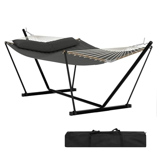 2 Person Double Hammock with Adjustable Steel Stand & Pillow, Heavy Duty Portable Outdoor Hammock Set, MAX 450 LBS Weight Capacity for Patio, Garden, Beach, Backyard - color: V-dark Gray