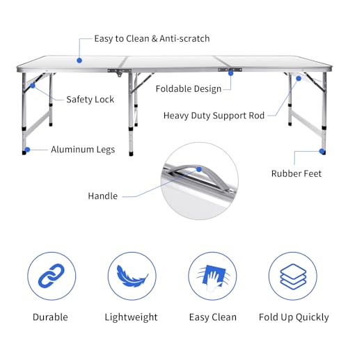 Moosinily Camping Table 6FT Folding Table Large 3 Adjustable Height Portable Picnic Table Camp Aluminum Outdoor Picnic BBQ White - color: White, size: 6FT